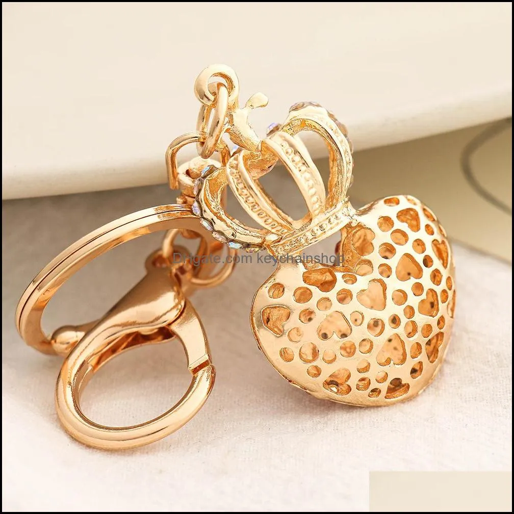 fashion 4 colors diamond love keychains for women heart crown keychain creative peach heart bag pendant charms jewelry accessories