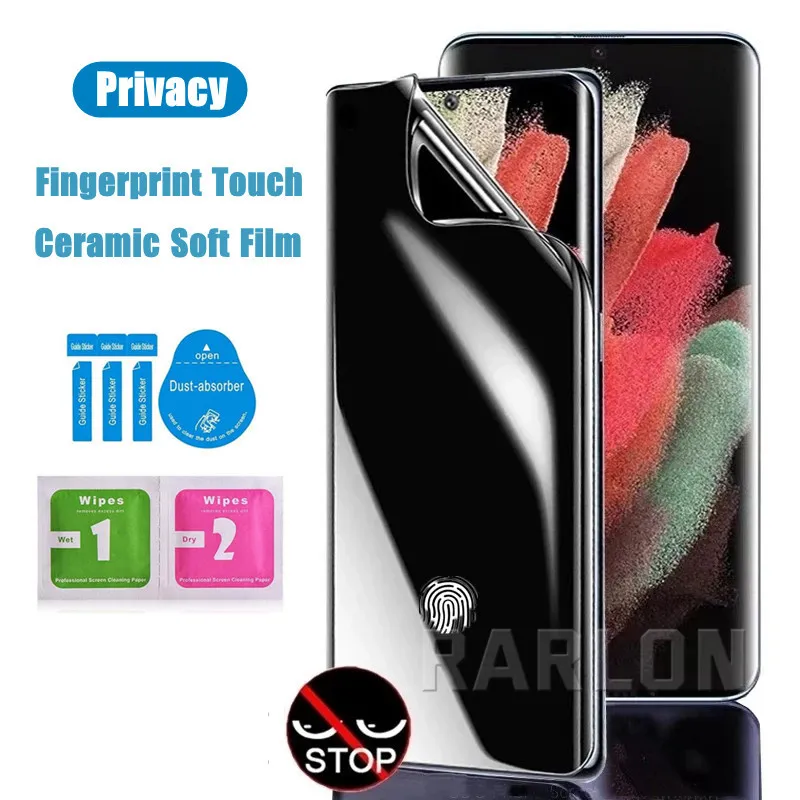 3D Curved Full Adhesive Glue Privacy Screen Protector For Samsung Galaxy S24 S23 S22 Ultra S21 S20 Plus Note 20 Pro S10 S8 S9 Note10 9 Fingerprint touch No Tempered Glass