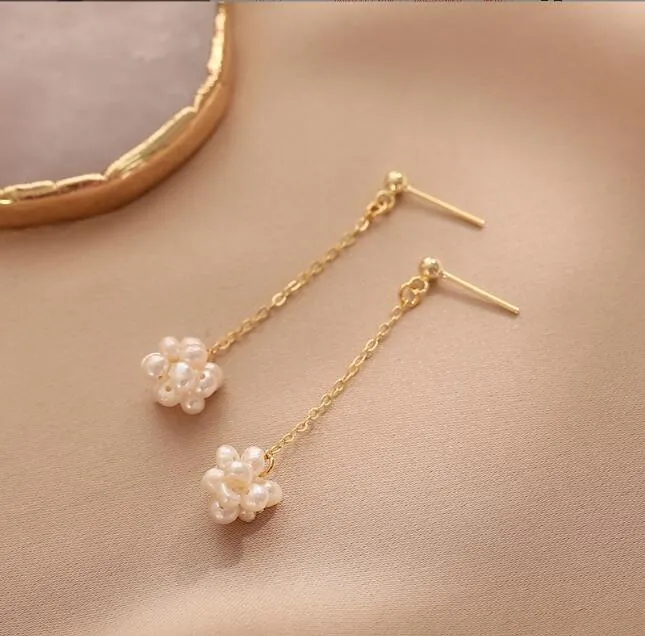 18K gold plated 2.5mm Long Pearl ball Stud Dangle & Chandelier Freshwater pearl Earrings white Lady/girl Fashion jewelry