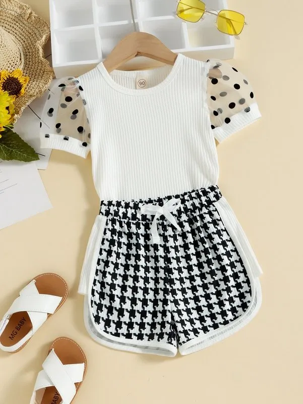 Garotas meninas bolinhas bolas manga tee houndstooth shorts ela