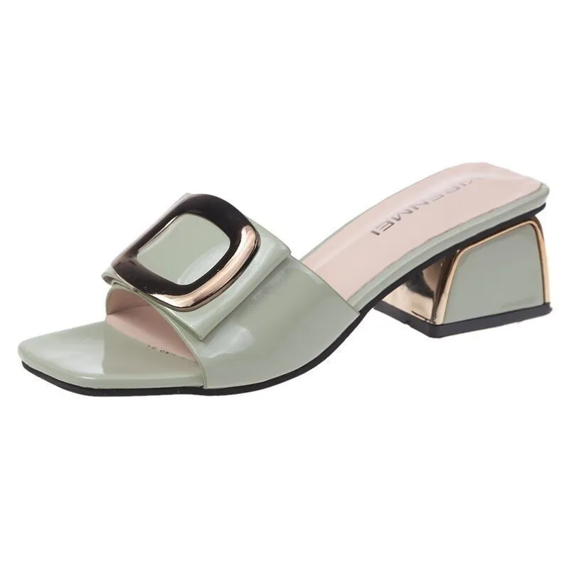 GAI GAI GAI Été Femmes Femme Femme Transparent Diapositives Boucle En Métal Carré Talons Hauts En Cuir Verni Chaussures De Plage Pantoufles Y200423