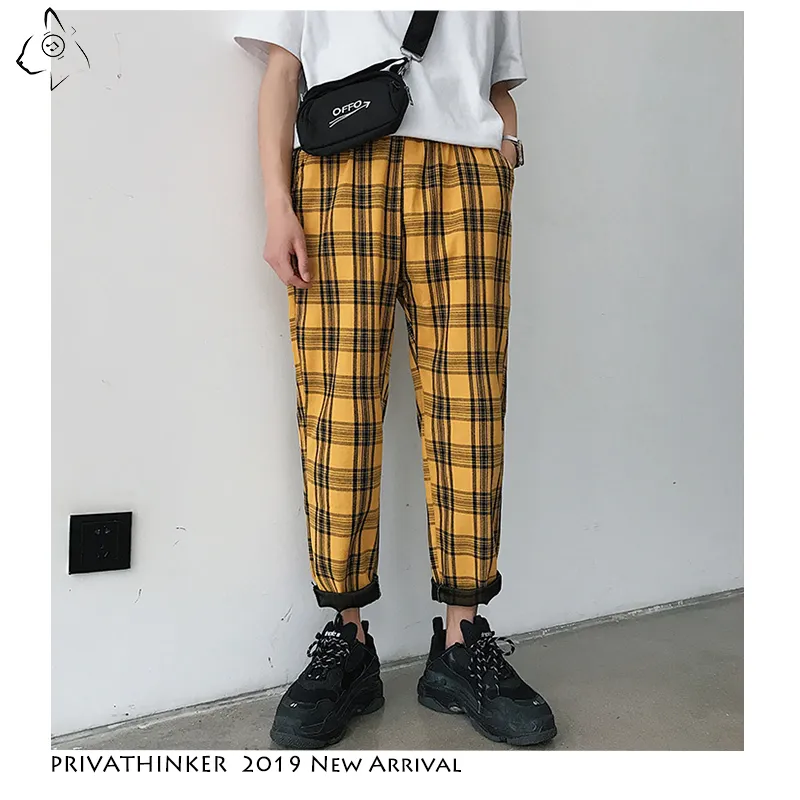 Privathinker 옐로우 블랙 격자 무늬 슬림 피트 망 바지 한국 남성 캐주얼 하렘 바지 힙합 조깅 유니섹스 Streetwear 바지 201110