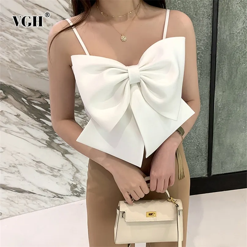 VGH sexy patchwork bow women vest square collar sleeveless strap slim tunic tank tops female clothes fashion 220519
