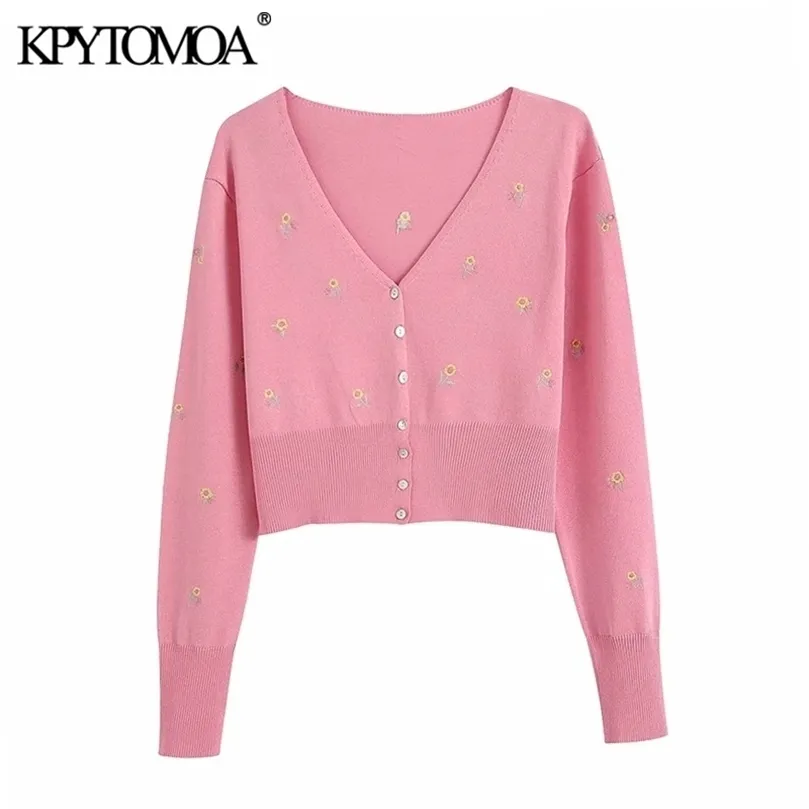 Kpytomoa Women Fashion Floral Embroidery bijgesneden gebreide Cardigan Sweater Vintage lange mouw vrouwelijke Outerwear Chic Tops 201203