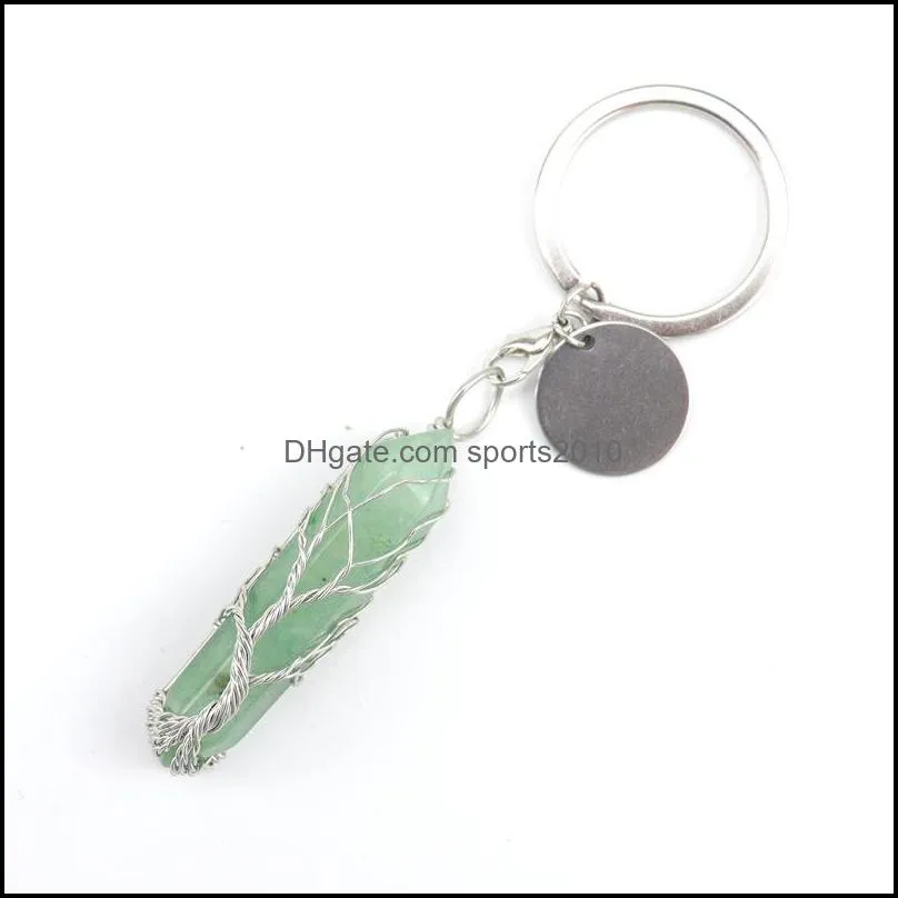 handmade tree of life key rings hexagonal prism pillar natural stone healing crystal quartz keychain keys chain key ring