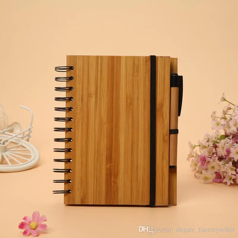 New Wood Bamboo Cover Notebook Spiral Notepad With Pen 70 sheets recycled lined paper Gifts Travel Journal LX9079