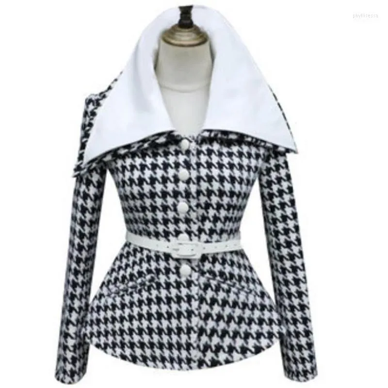 Dameswol Blends Aankomst Winter Vintage Rokstijl Korte Houndstooth jas vrouwen slanke taille plaid outwear phyl22