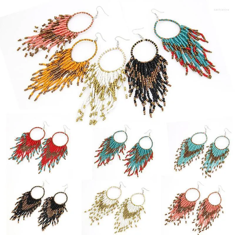 Boucles d'oreilles pendantes style bohème pour femmes, lustre suspendu, longues pampilles en perles faites à la main, perles multicolores, bijoux ethniques de déclaration