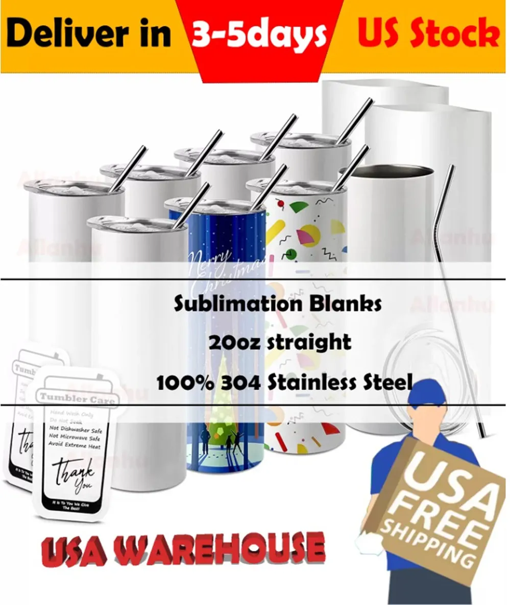 US Warehouse Sublimation Blanks Tumblers 20oz Stainless Steel Straight Blank Mugs white Tumbler with Lids and Straw Heat Transfer Gift Mug Bottles 0415