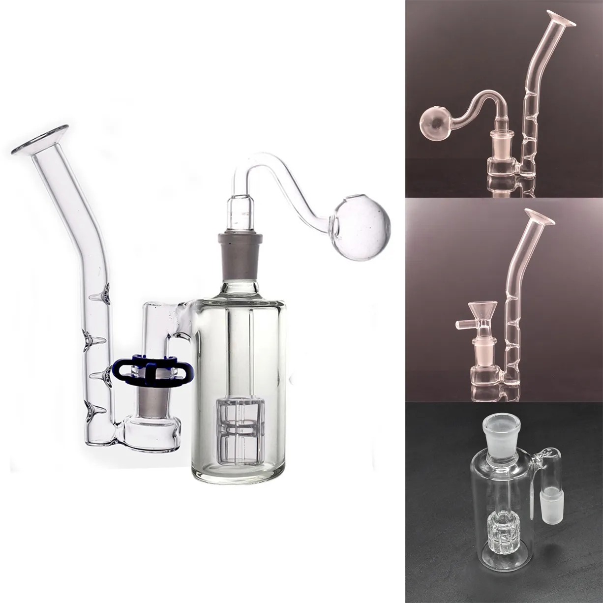 3 In1 Glass Ashcatcher Bong hookah con j-hook Reclaimer adaptador Grueso Pyrex reciclador dab rig bong con tubo de quemador de aceite de vidrio macho de 14 mm