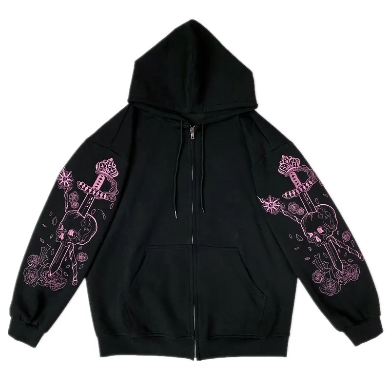 Women's Hoodies Sweatshirts Punk Graphic Print Zipper Ribbon Hooded Hoodie vintage Black Oversize Coat Sweatshirt 90s Streetwear clothes jacket top 230206