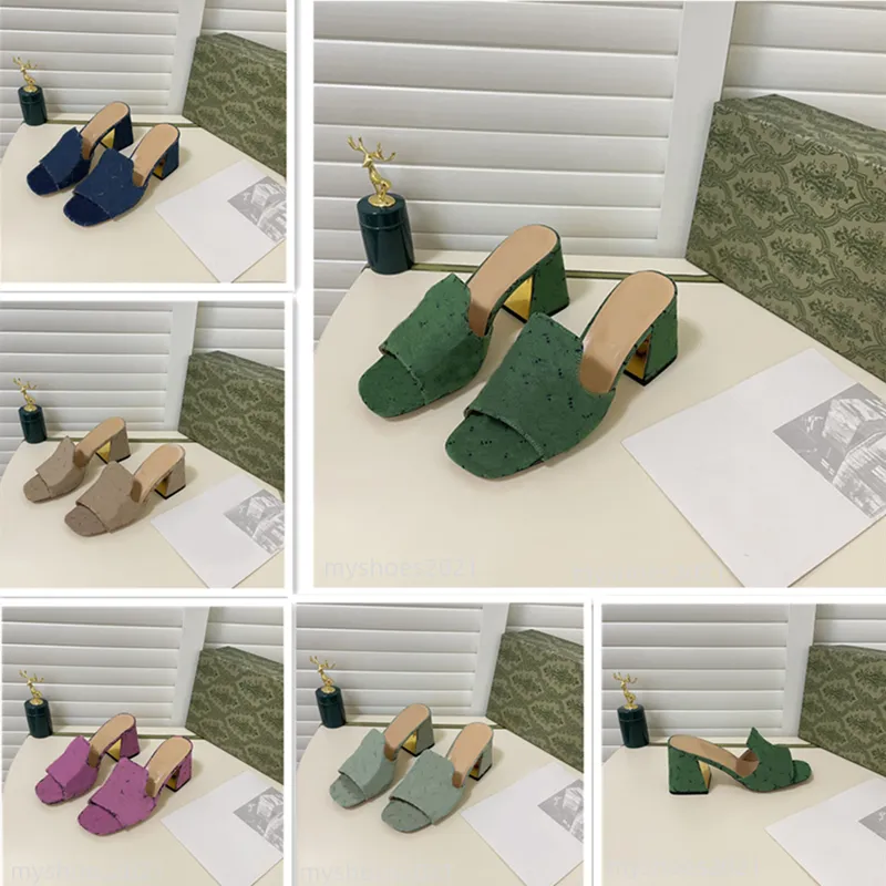 2022 Autumn Women Kaptaki luksusowe sandały projektanty kwadratowe obcasy Slajdy kapcie letnie buty plażowe Wysokiej jakości zielony brązowy sandał na obcasie