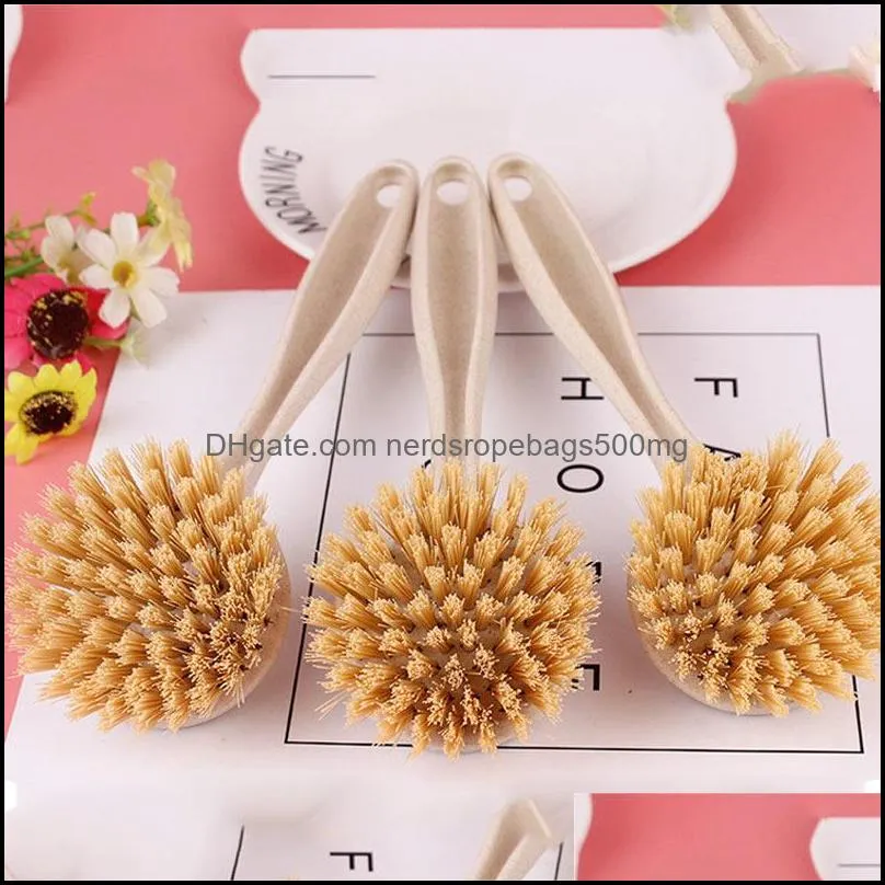 Long Handle Pot Brush Kitchen Pan Dish Bowl Washing Cleaning Tools Portable Wheat Straw Household Clean Brushes RRA13063