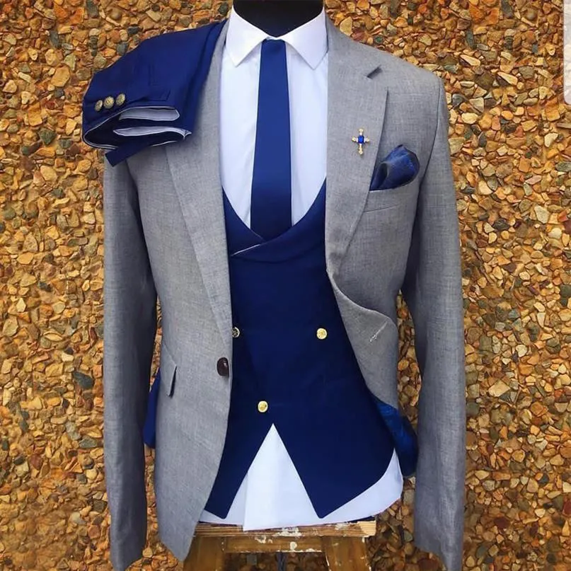 3 -teilige graue Männer Anzüge formelle Hochzeitstuxedo Doppelbrustmantel +Weste +Royal Blue Hosen Männliche Modekostüm2750