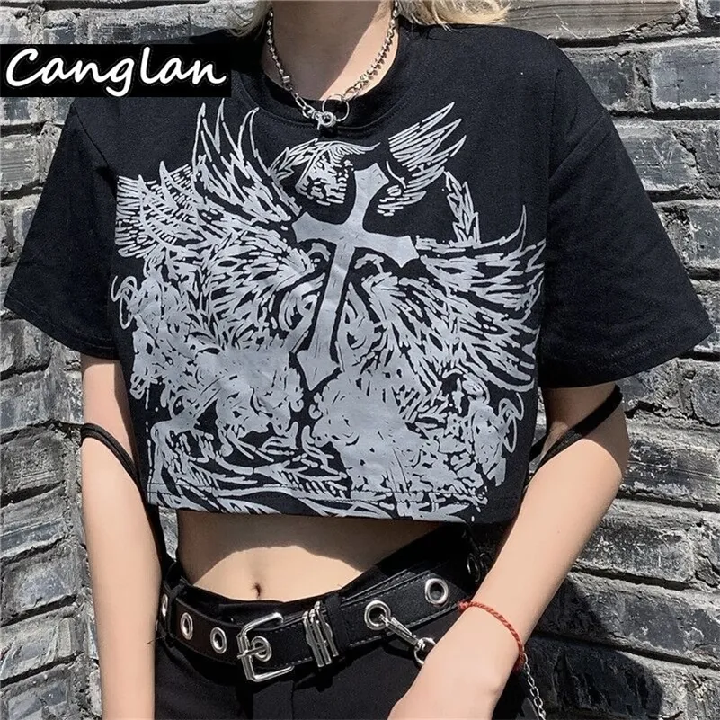 Gothic Style Crop Top T Shirt dla Kobiet Moda Odzież Grunge Tshirt Summer Harajuku Tee Croptop Goth Emo ALT Odzież Dropship 220321