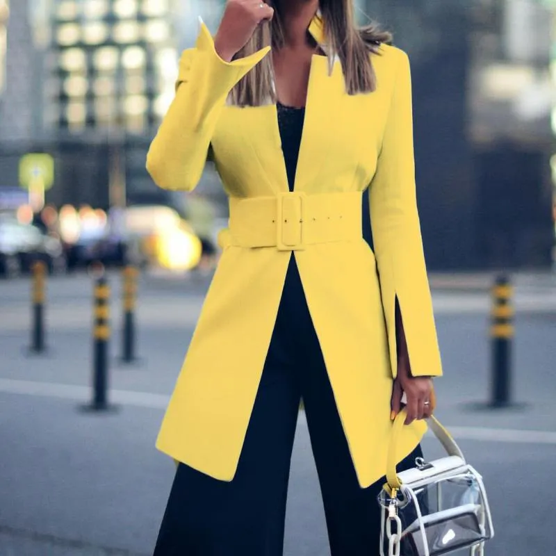 Costumes pour femmes blazers élégant bureau dame blaseur blanche veste fashion long costume costume manteau automne simple collier de stand-up noir jaune