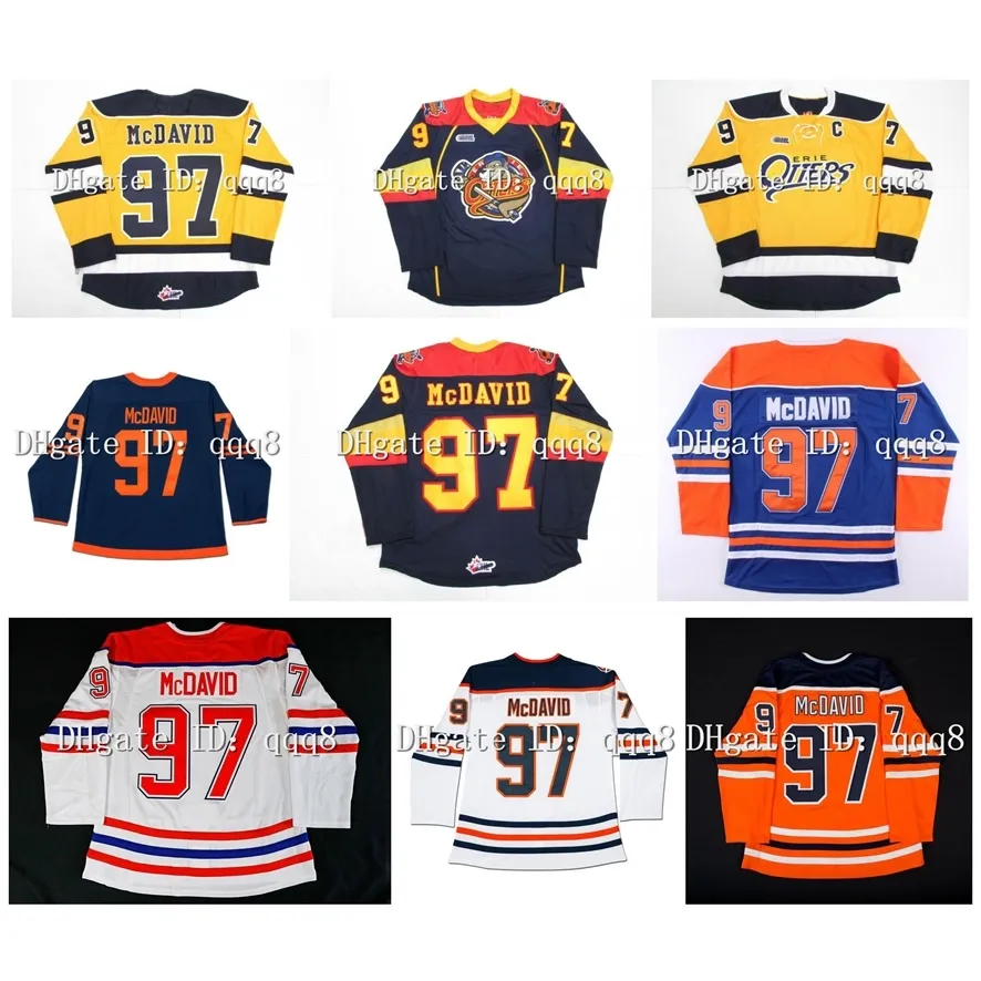 97 Connor McDavid Jersey Erie Otters Blanc Bleu Orange Jaune noir ohl Coa Reverse rétro Hockey Jersey Size S-xxxl