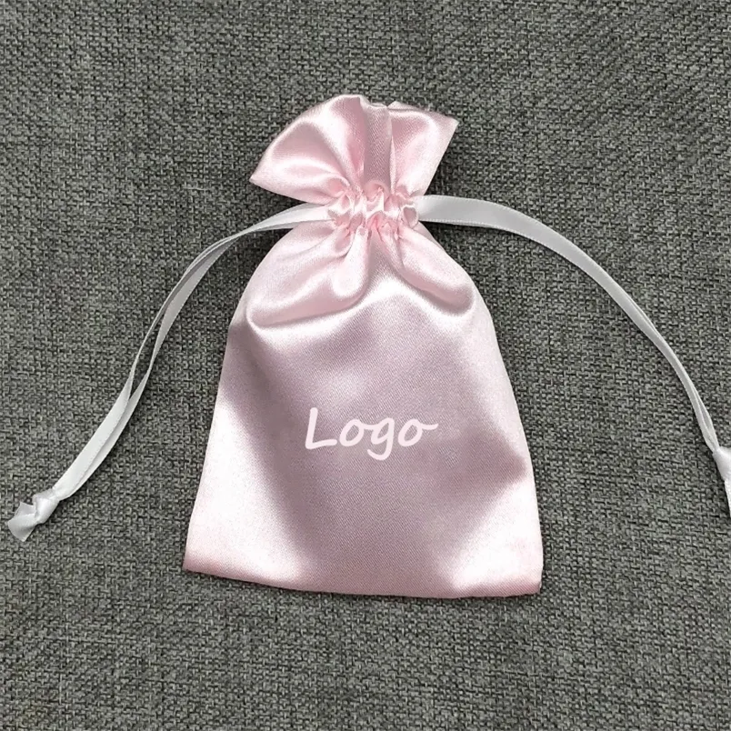 200pcslot Print Bags Custom Drawstring Bag Pouch for Gifts Jewelry Hair and High heels Packaging Comfortable Satin Cloth 220704