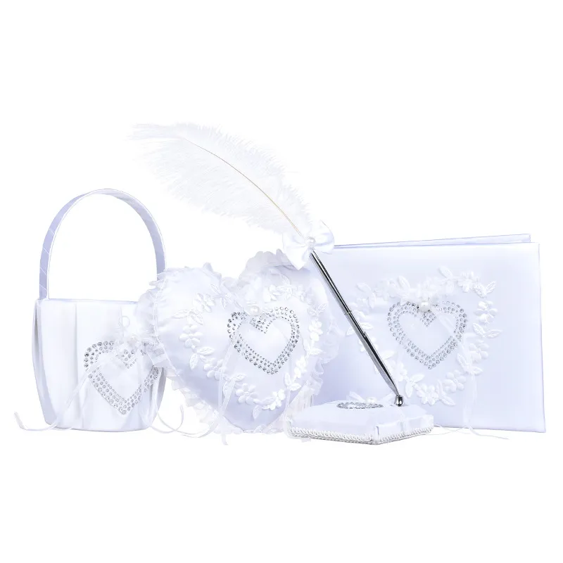 Sweet Heart Bröllop Satin Ring Kudde Flower Basket Gästbok Feather Pen Favor 4 i 1 Set