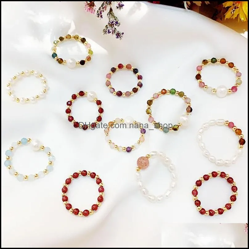natural energy stone pearl bead gold plated handmade elastic band rings for women girl party club decor jewelry