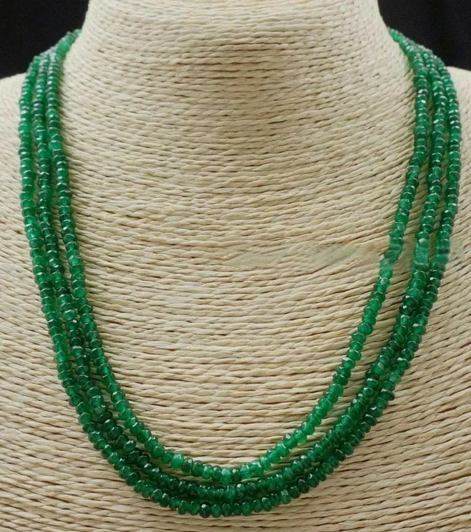 18"Natural 3 Rows 2X4mm Faceted Green Emerald Gemstone Abacus Bead Necklace