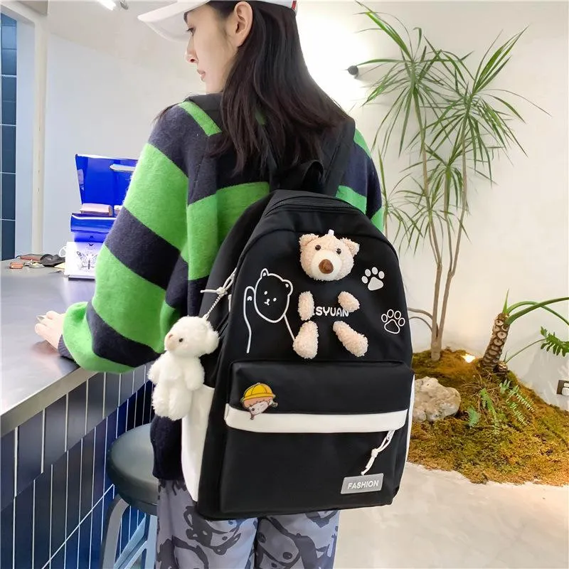 Skolväskor tecknad björn tjejer bärbar dator ryggsäck resa satchel mode canvas ryggsäckar kawaii college student bok väska ryggsäck