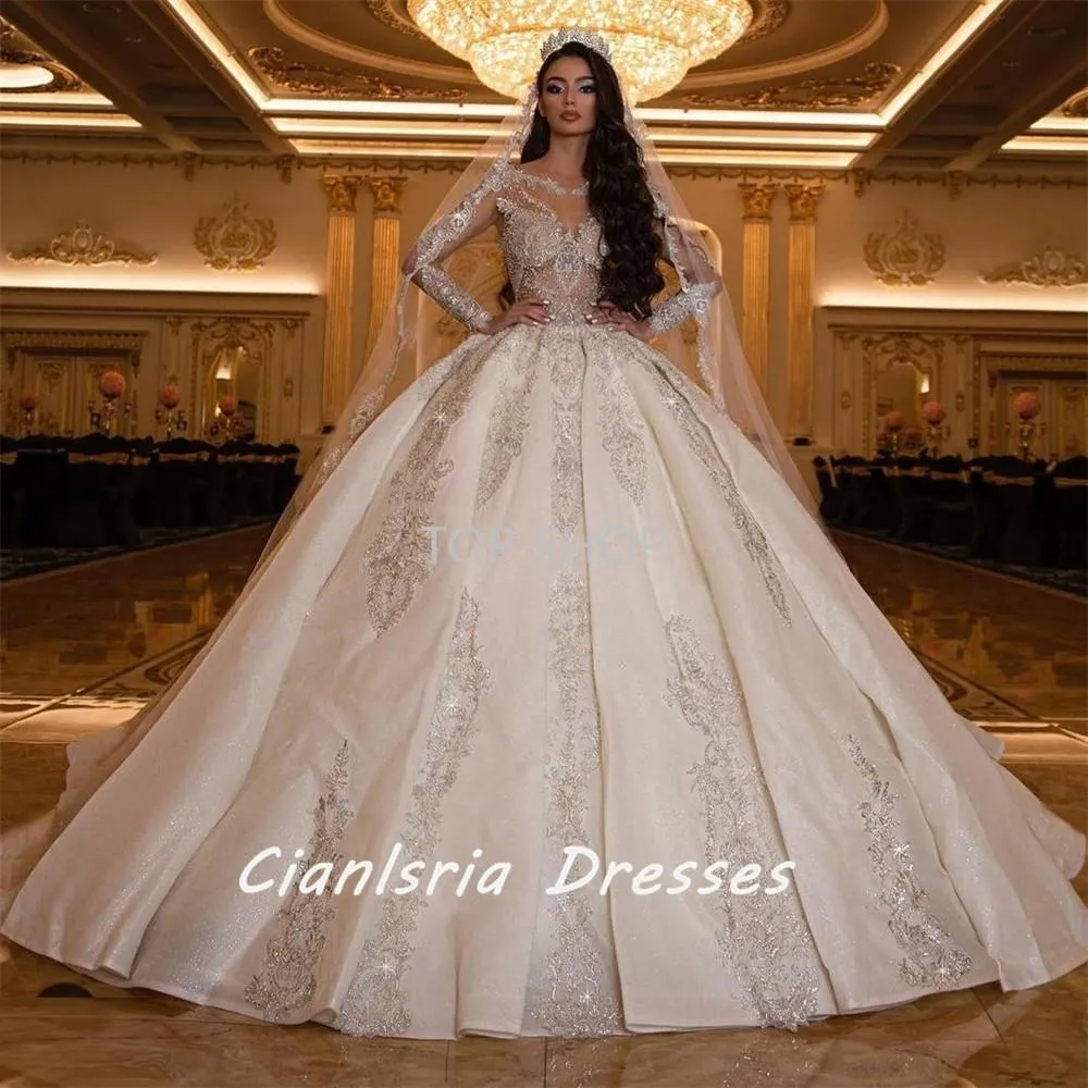 Lyxig bollklänning bröllopsklänningar spets paljetter långärmad vintage brudklänningar plus storlek elegant vestido de novia skräddarsydd