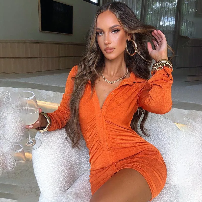 Robes décontractées Hirigin élégant bouton mince femmes robe portefeuille à manches longues Streetwear Orange moulante été Vestidos