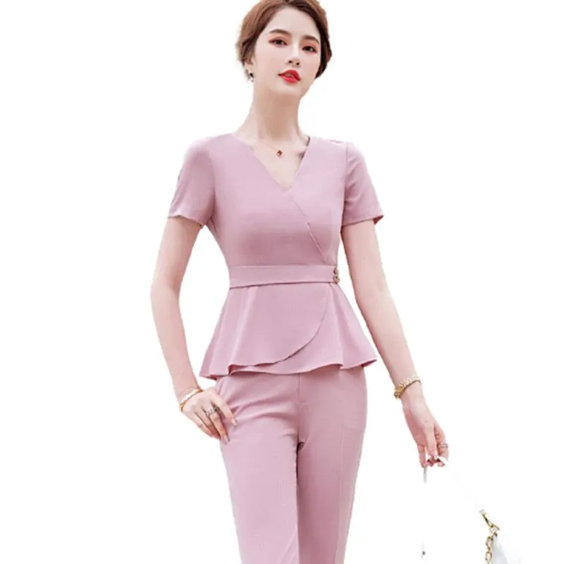 Women's Two Piece Pants High End Fashion Formal Business Slim Blazer And Office Ladies Work Wear Pink Suits Women Short Sleeve SummerWomen's