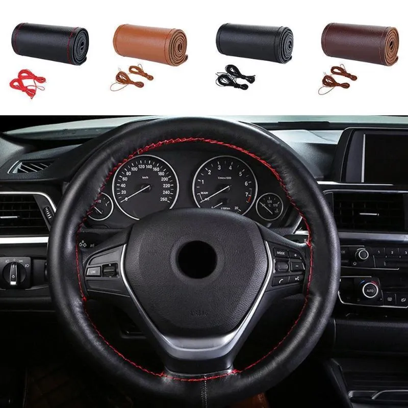 Cubiertas de volante Cubierta trenzada de cuero genuino Trenzado de automóvil en los accesorios interiores del automóvil J3o8Steering
