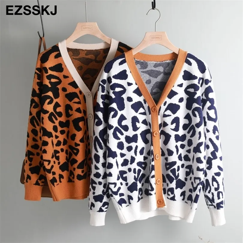Autumn winter leopard thick Cardigan Women Long Sleeve Button Sweet Knitted Jacket Cardigan Sweater Female outwear Coat T200212