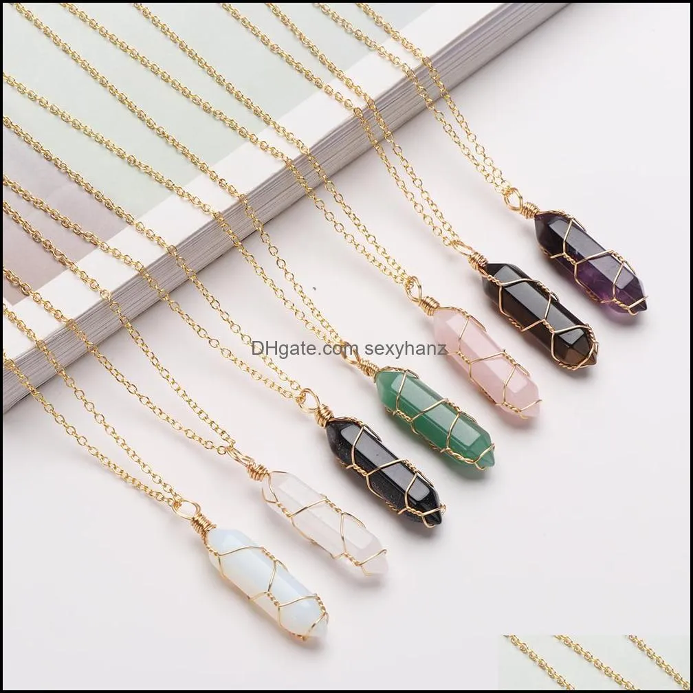 hexagonal cylindrical crystal necklace natural stone pendant wire wrap necklace for women men fashion jewelry