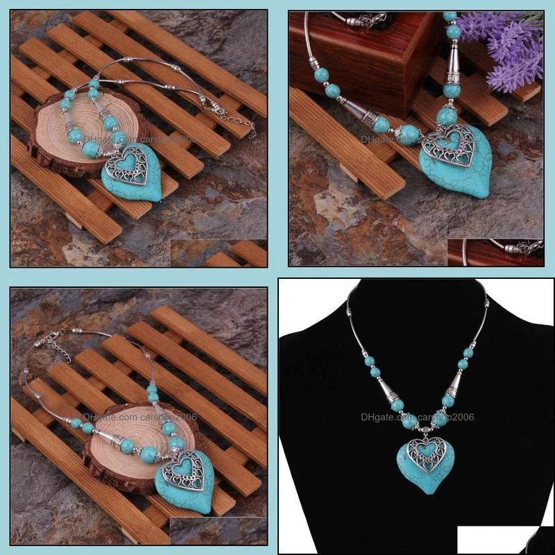 women`s double-layer love heart tibetan silver turquoise pendant necklaces fashion gift national style women diy necklace pendants