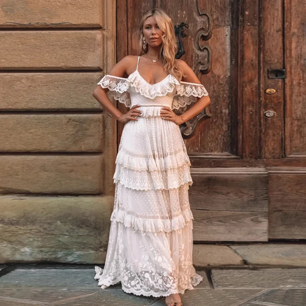 Gypsy Boho bröllopsklänningar trötta kjolar en linje spets västerländska land brudklänningar romantiska france vestido de noivas chic