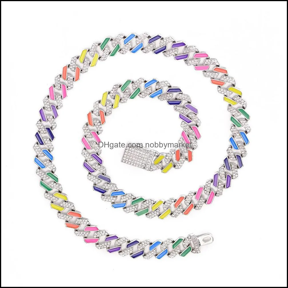 Chains Necklaces Pendants Jewelry 1M Iced Out Cuban Necklace Link Chain Women Crystal Neon Colorf Enamel Choker Suit Rainbow Bracelet Drop