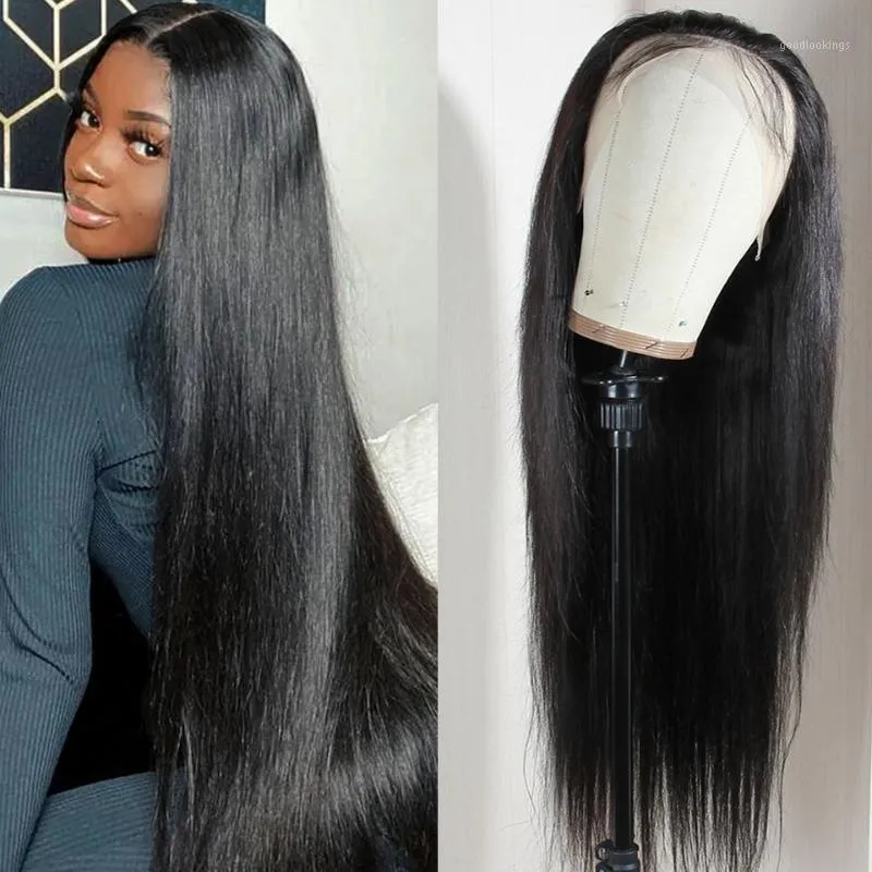 Glueless Silky Straight 13x4 Lace Front Human Hair Wigs Full 250％密度黒人女性のためにベビースイスとプリック