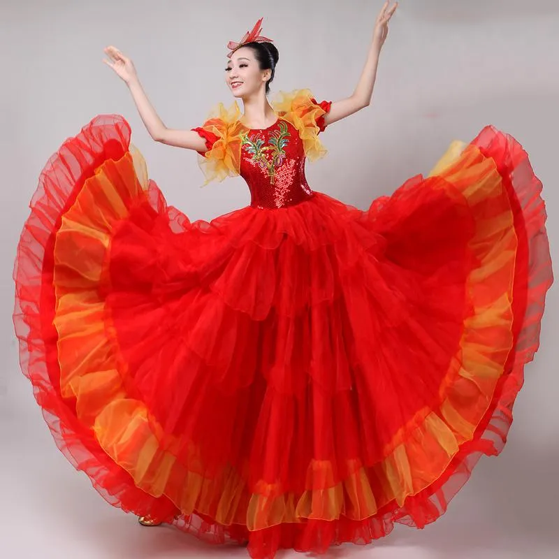 المرحلة ارتداء الرقصات الشعبية الصينية الأزياء تشورس فتاحة التنانير الكبرى المرأة الفلامنكو الأسبانية الرقص اللباس 360/540/720 درجة DL6113