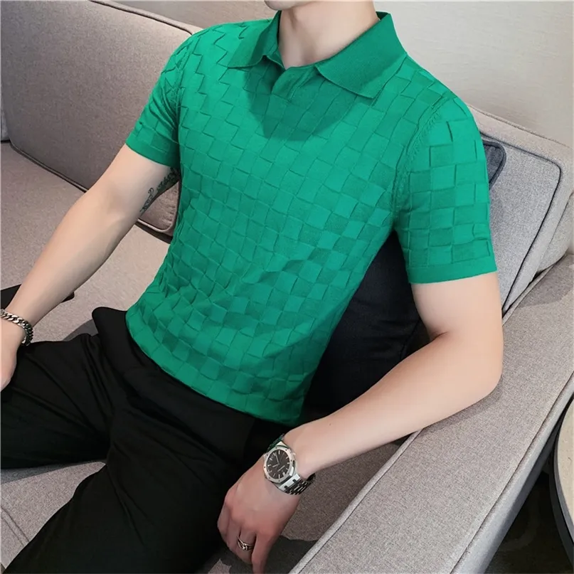 Hommes de haute qualité tricot polos mâle coupe ajustée loisirs col en V manches courtes polos hommes polos élastiques 3XL 220608