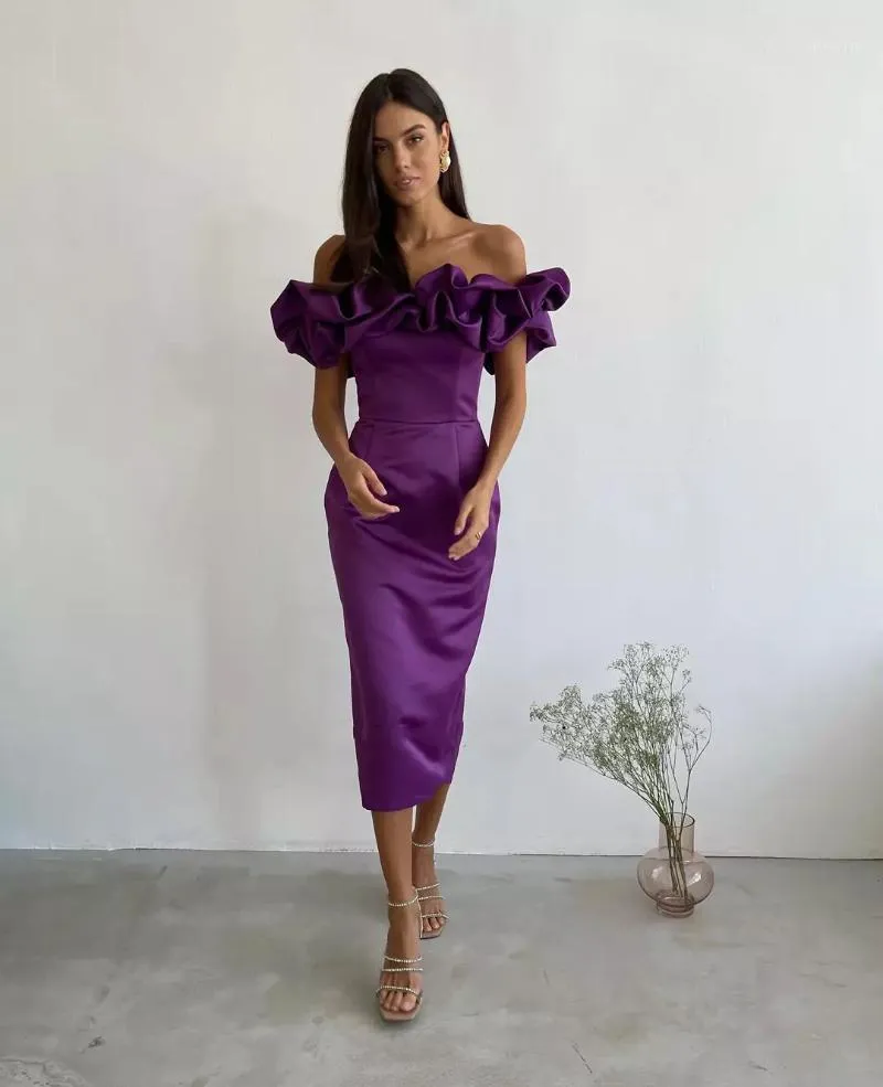 Sukienki imprezowe vestidos elegantes para mujer fioletowy wieczór na ramię 2022 Ruffles satynowe suknie balowe formalne noc de festaparty