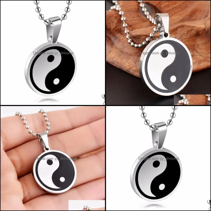 pendant necklaces religious chinese yin yang unisex stainless steel mens womens necklace yinyang ba gua black white enamel jewelry