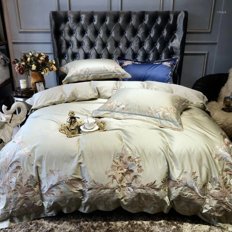 Zestawy pościeli szympans/niebieski 4pcs Zestaw jedwabiu/bawełniany łóżko lniane euro haft jacquard kołdra poduszka