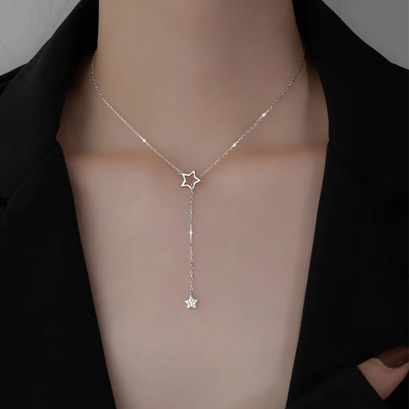 Flashing Diamond Star Necklace Hollow Design Female Tassel Clavicle Chain Model Simple Temperament