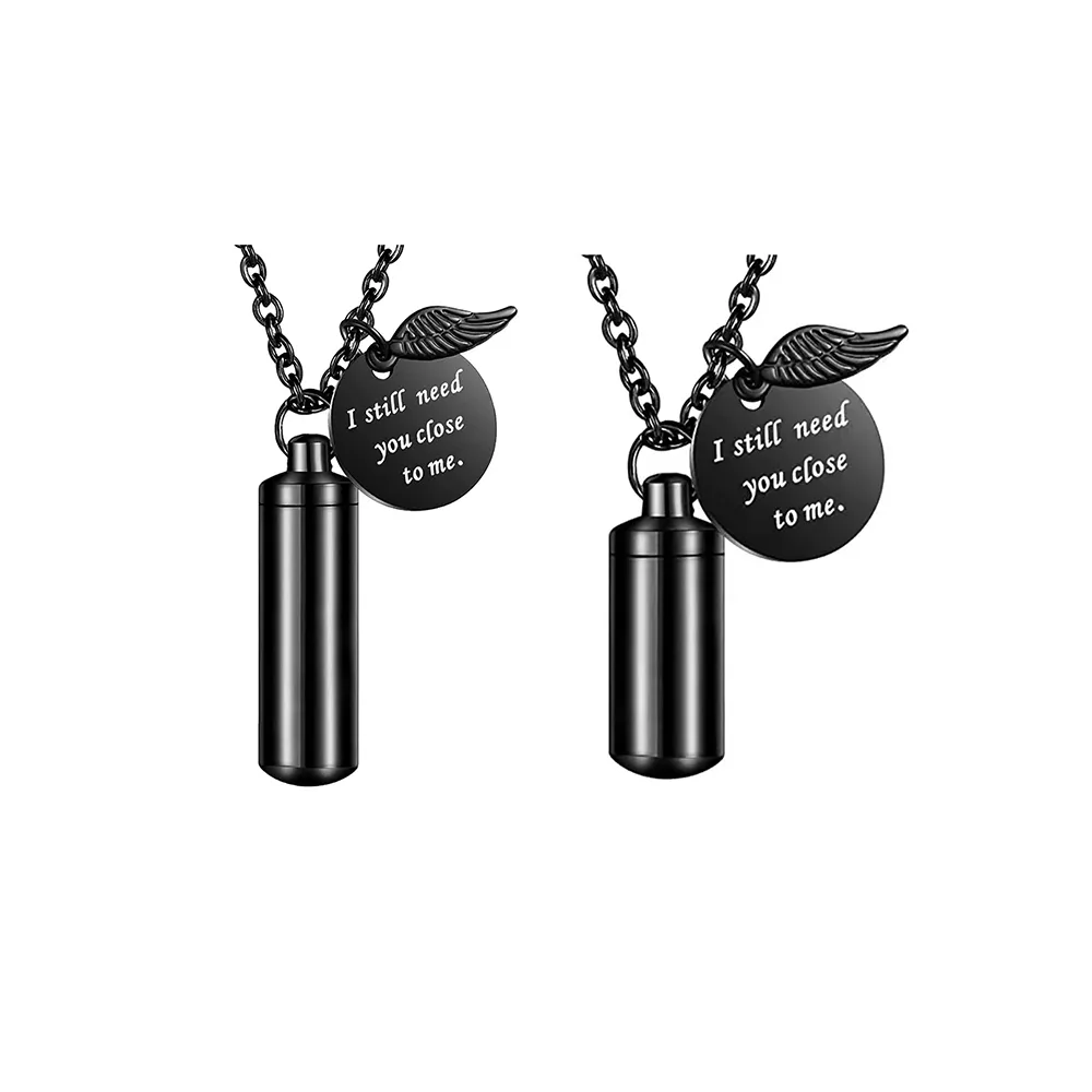 Stainless Steel Cremation Jewelry Cylinder Ashes Urn Pendant Necklaces with Angel Wing Round Card for Your Love