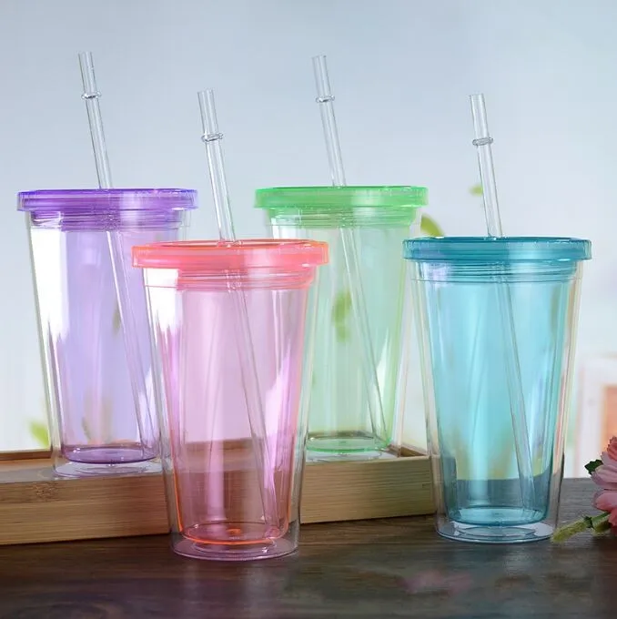 450 ml de parede dupla copo de plástico com palha reutilizável Smoothie bebida gelada Viagem caneca de café Copo de chá de chá verde azul rosa roxo