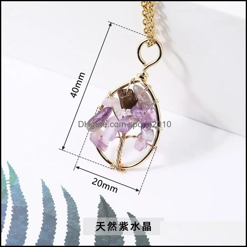 stone crystal charms necklaces copper twine tree of life wire wrap pendant amethyst tiger eye rose quartz wholesale jewelry sports2010