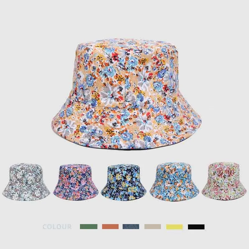 Moda Floral Print Bucket Hat Women Double Lateral Algodão Reversível Capas de Proteção Sun