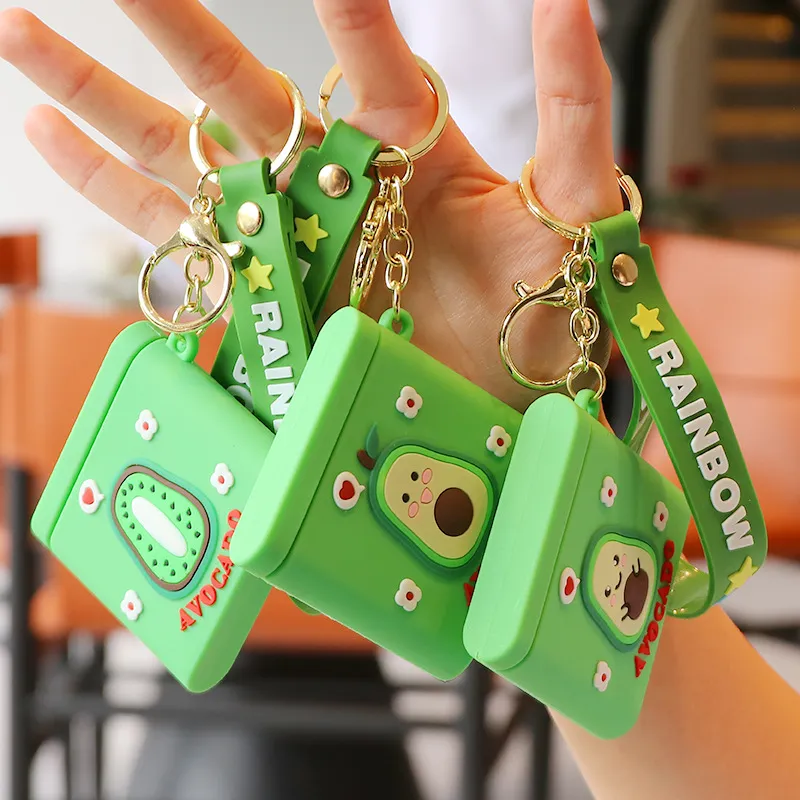 Cartoon Avocado Kiwi Creative Mobile Phone Holder Keychain Female Bag Pendant Keyring Cute Vanity Mirror Portable Key Chain Gift