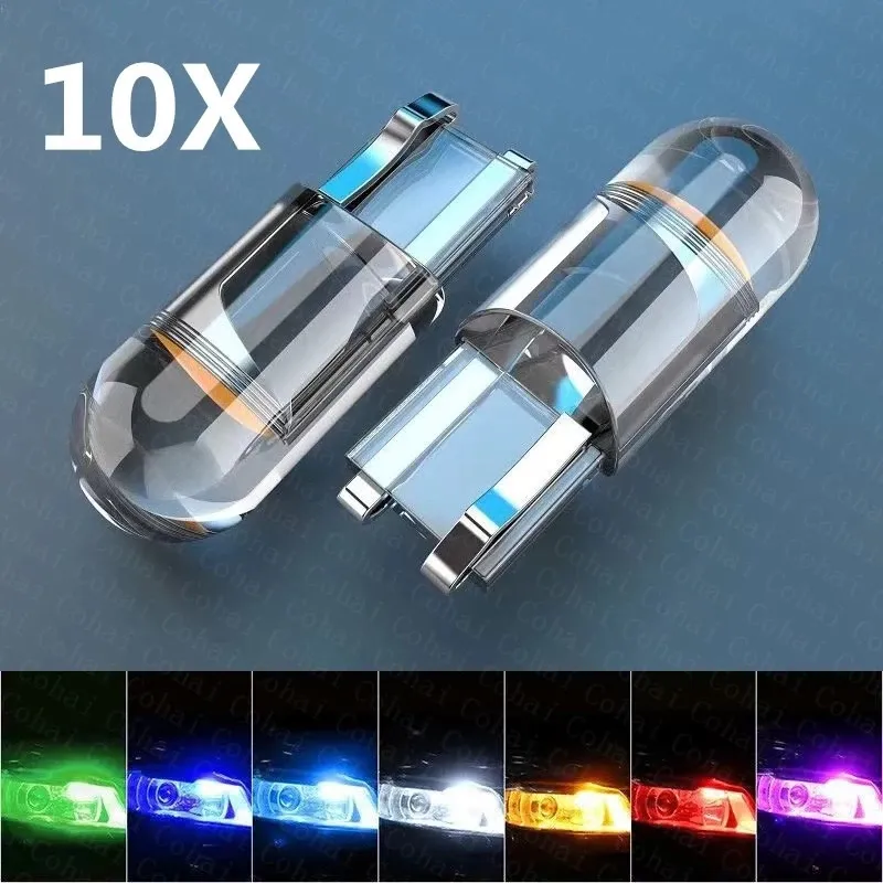 10 PCS W5W 194 T10 LED GLASS HOUSING COB CAR BULB 6000Kホワイトグリーンブルーレッドウェッジナンバープレートランプドームライト