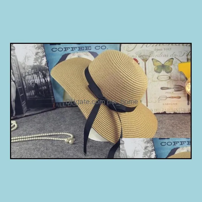 Summer Girls Grass Braid Hats Children`s Bow Ribbon Beach Cap Kids Hollowed-out Sunhats Baby Fashion Straw Hat Bows A9296