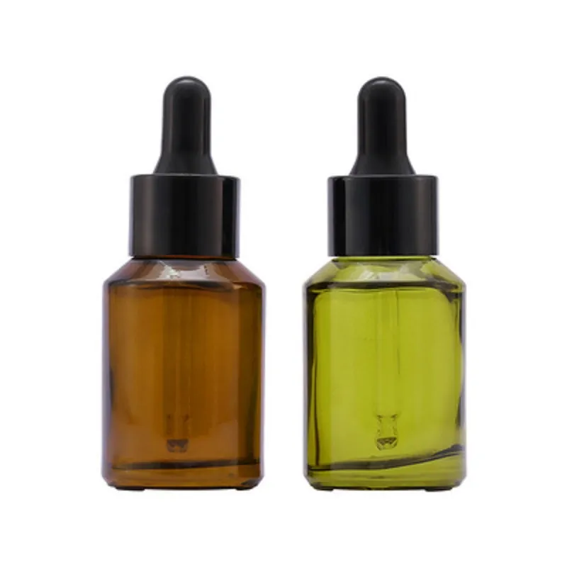 Bouteilles compte-gouttes en verre brun vert épaule inclinée cosmétique liquide emballage bouteille soins de la peau essence sous-embouteillage 30 ml
